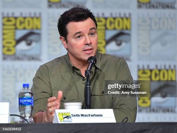 Seth MacFarlane speaks at the "Family Guy" Panel during 2019 Comic-Con International at San Diego Convention Center on July 20, 2019 in San Diego,...