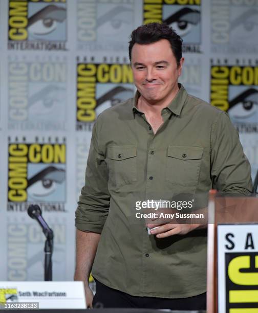 Seth MacFarlane speaks at the "Family Guy" Panel during 2019 Comic-Con International at San Diego Convention Center on July 20, 2019 in San Diego,...