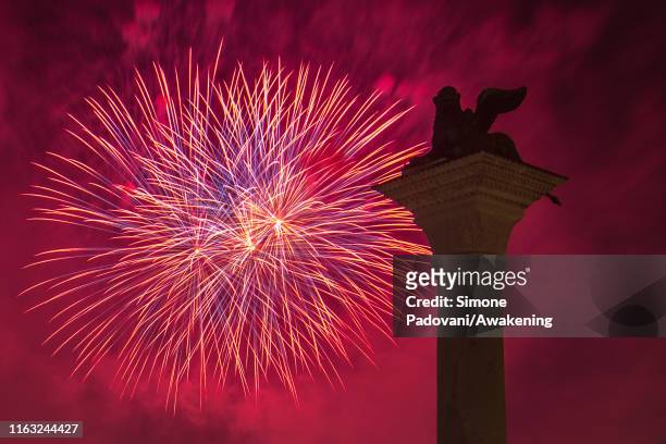 Fireworks explode over St Mark's Basin at the end of the first day of Redentore celebrations on July 20, 2019 in Venice, Italy. Redentore, which is...