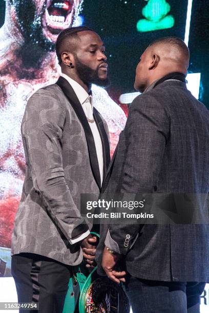 Bill Tompkins/Getty Images Deontay Wilder and Luis Ortiz faceoff during SHOWTIME SPORTS 2018 Boxing Announcements at Cipriani on Jnauary 24, 2018 in...