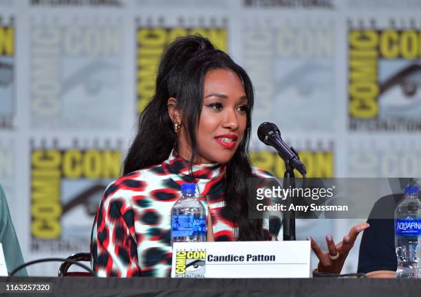 Candice Patton speaks at "The Flash" Special Video Presentation and Q&A during 2019 Comic-Con International at San Diego Convention Center on July...