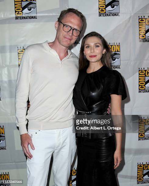 Paul Bettany and Elizabeth Olsen attend the Marvel Studios Panel during 2019 Comic-Con International at San Diego Convention Center on July 20, 2019...