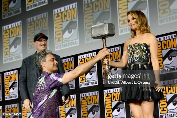 Kevin Feige, Taika Waititi and Natalie Portman speak at the Marvel Studios Panel during 2019 Comic-Con International at San Diego Convention Center...