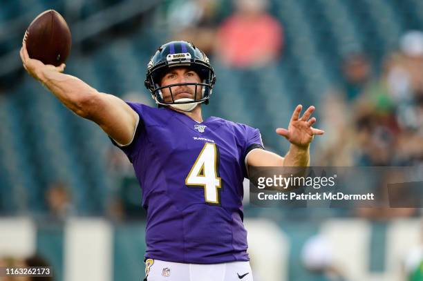 Sam Koch of the Baltimore Ravens throws a pass before a preseason game against the Philadelphia Eagles at Lincoln Financial Field on August 22, 2019...