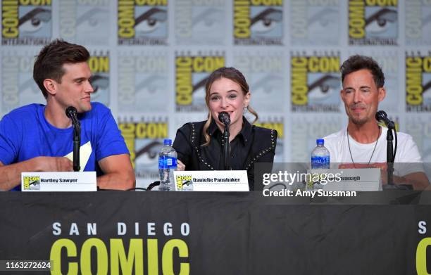 Hartley Sawyer, Danielle Panabaker and Tom Cavanagh speak at "The Flash" Special Video Presentation and Q&A during 2019 Comic-Con International at...