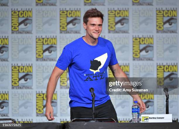 Hartley Sawyer speaks at "The Flash" Special Video Presentation and Q&A during 2019 Comic-Con International at San Diego Convention Center on July...