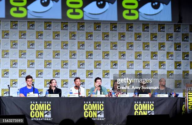 Hartley Sawyer, Danielle Panabaker, Tom Cavanagh, Grant Gustin, Candice Patton, Carlos Valdes, and Eric Wallace speak at "The Flash" Special Video...