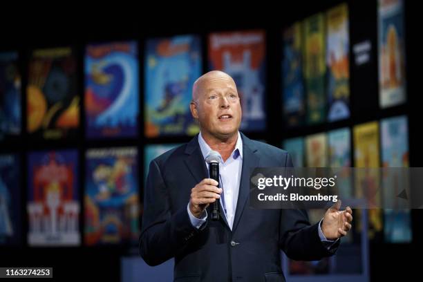 Bob Chapek, chairman of Walt Disney Parks and Experiences, speaks during a media preview of the D23 Expo 2019 in Anaheim, California, U.S., on...