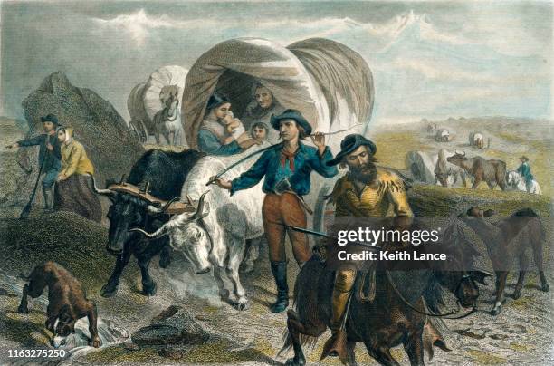 american pioneers crossing the plains in covered wagons - horse pictures stock illustrations