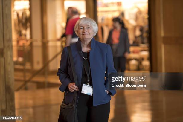 Janet Yellen, former chair of the U.S. Federal Reserve, arrives for dinner during the Jackson Hole economic symposium, sponsored by the Federal...