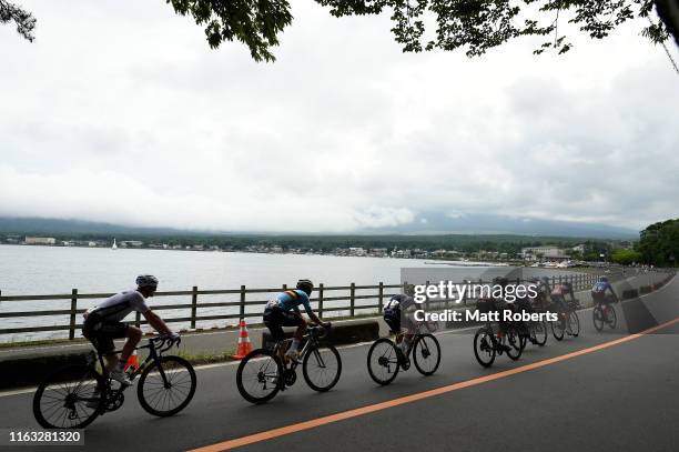 General view as competitors ride past Lake Yamanakako in Yamanashi prefecture during the Ready Steady Tokyo - Cycling , Tokyo 2020 Olympic Games test...