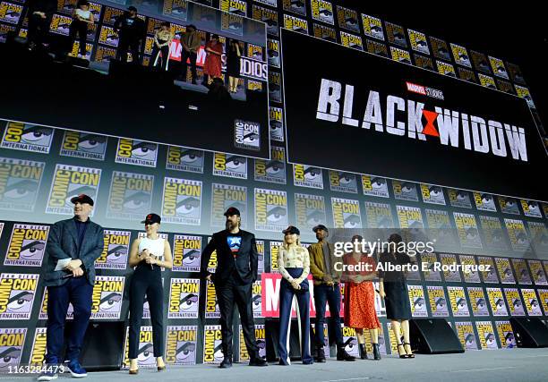 President of Marvel Studios Kevin Feige, Scarlett Johansson, David Harbour, Florence Pugh, O-T Fagbenle, Director Cate Shortland and Rachel Weisz of...