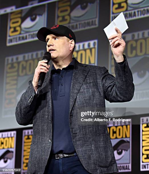 President of Marvel Studios Kevin Feige at the San Diego Comic-Con International 2019 Marvel Studios Panel in Hall H on July 20, 2019 in San Diego,...