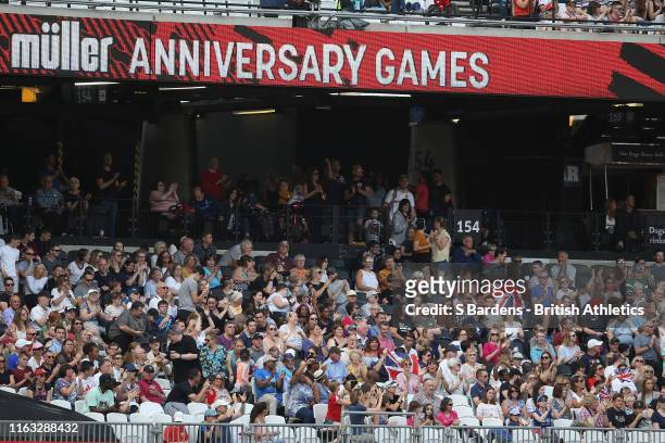 Spectators enjoy the atmosphere during Day One of the Muller Anniversary Games IAAF Diamond League event at the London Stadium on July 20, 2019 in...