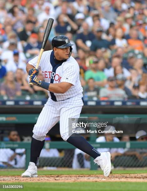 Miguel Cabrera of the Detroit Tigers bats while wearing a Detroit Stars throwback uniform during the Negro League Tribute game against the Kansas...