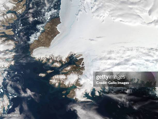 Satellite view of Northwestern Greenland in the Arctic Circle and Nares Strait to the upper left with Baffin Bay to the bottom on August 12, 2019 in...