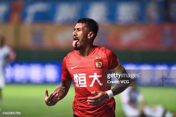 Paulinho of Guangzhou Evergrande celebrates after scoring a goal during the 2019 Chinese Football Association Super League 19th round match between...