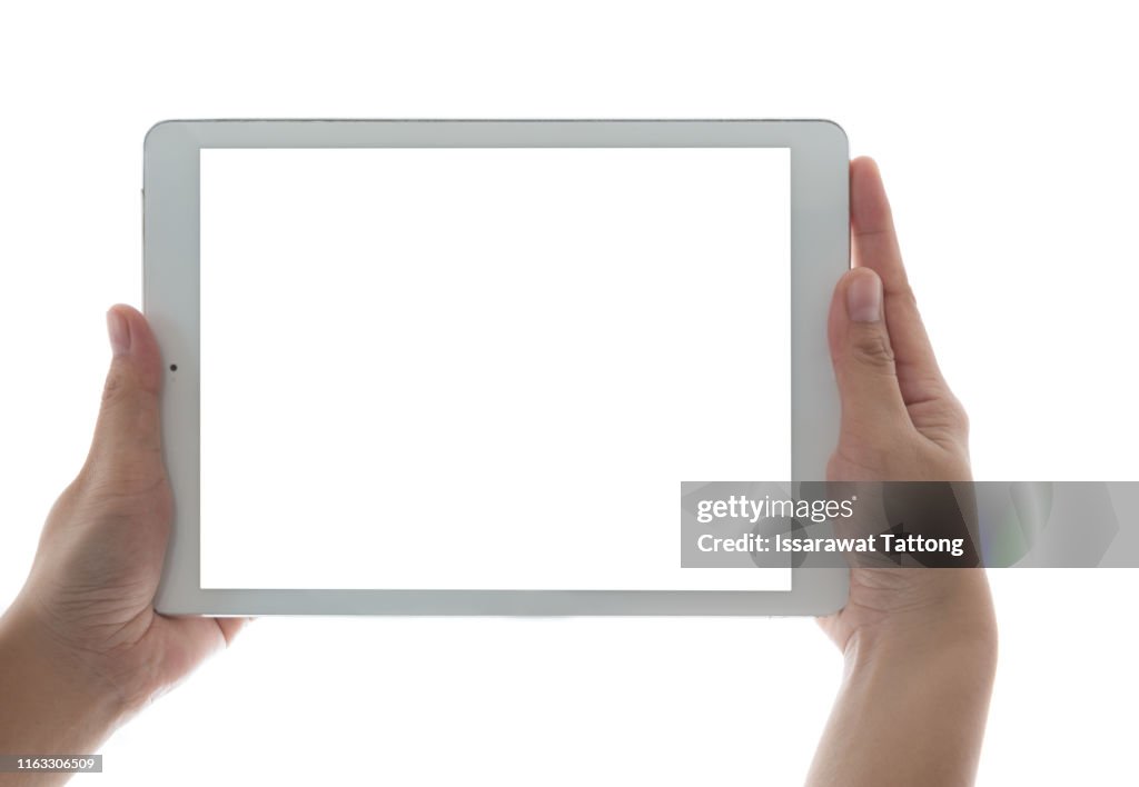 Hands holding and touching on tablet pc isolated on white background