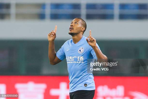 Jose Salomon Rondon of Dalian Yifang celebrates after scoring a goal during the 19th round match of 2019 Chinese Football Association Super League...
