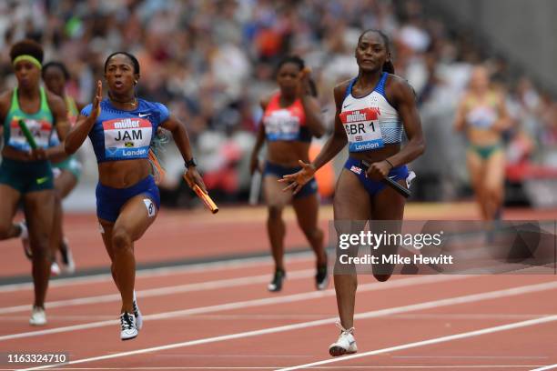 Daryll Neita of Great Britain Women's 4x100m Relay team on their way to second place in the Women's 4x100 Relay during Day One of the Muller...