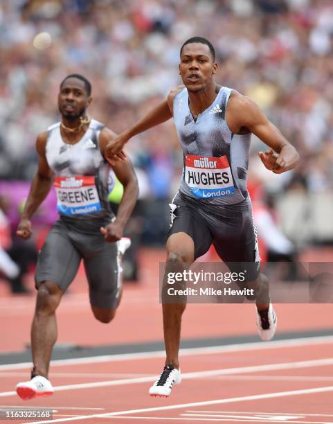 Zharnel Hughes of Great Britain finishes 2nd in the Men's 100m Final during Day One of the Muller Anniversary Games IAAF Diamond League event at the...