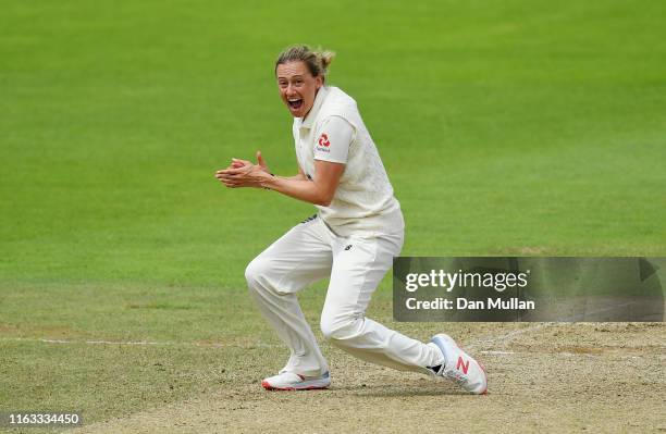 Laura Marsh of England celebrates taking the wicket of Rachael Haynes of Australia during day four of the Kia Women's Test Match between England...