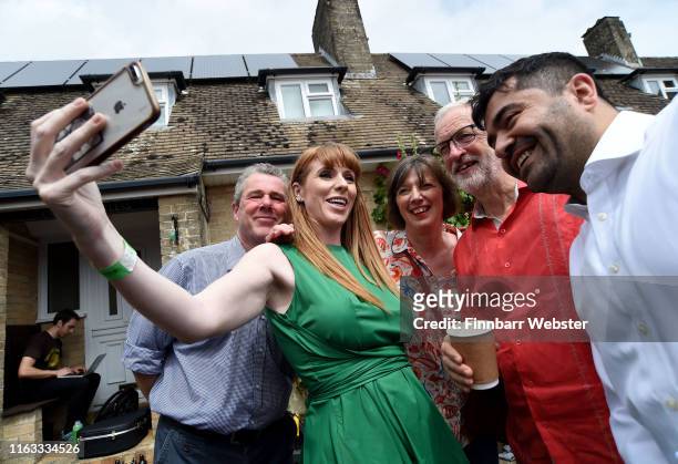 Shadow Secretary of State for Education Angela Rayner MP takes a selfie with Labour leader Jeremy Corbyn during the Tolpuddle Martyrs Festival and...