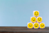 Emoticon icons face on Wooden Cube , Costumer service concept