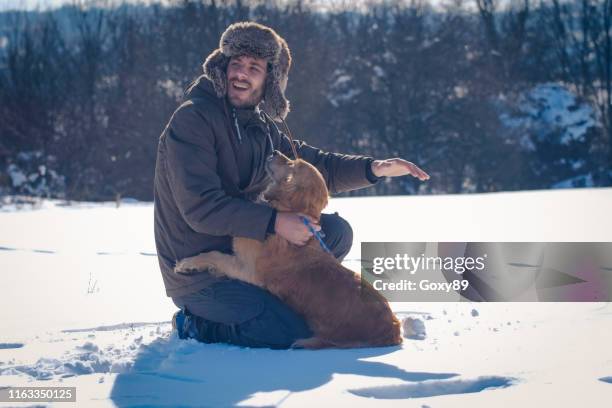man enjoying with golden retriever at winter - leonberger stock pictures, royalty-free photos & images