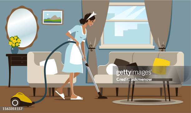 young woman vacuuming - southern european descent stock illustrations