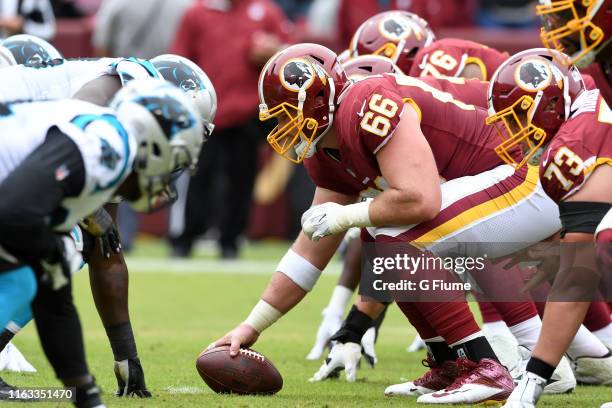 Tony Bergstrom of the Washington Redskins lines up on the line of scrimmage against the Carolina Panthers at FedExField on October 14, 2018 in...