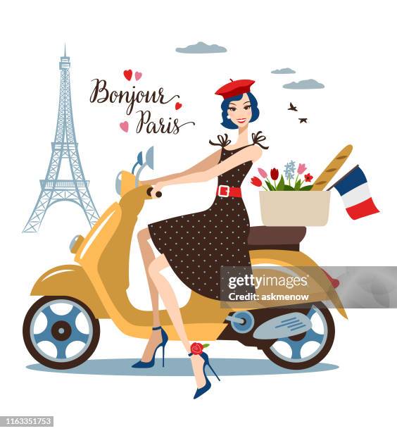 young woman on a bike in paris - french culture stock illustrations