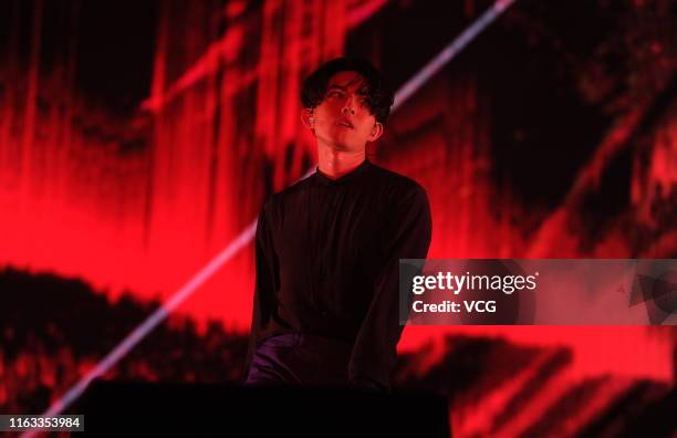 Singer Yoga Lin performs on the stage in concert at Liaoning Gymnasium on July 20, 2019 in Shenyang, Liaoning Province of China.