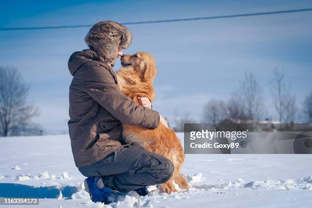 mann genießt mit goldenem retriever im winter - leonberger stock-fotos und bilder