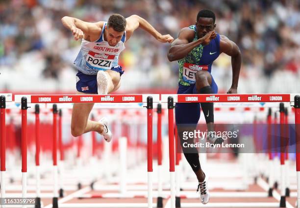 Andrew Pozzi of Great Britain and Ronald Levy of Jamaica compete in the Men's 110m Hurdles during Day Two of the Muller Anniversary Games IAAF...