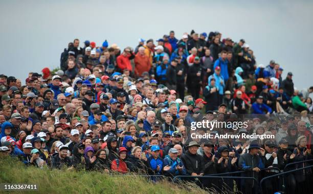 Fans watch during the final round of the 148th Open Championship held on the Dunluce Links at Royal Portrush Golf Club on July 21, 2019 in Portrush,...