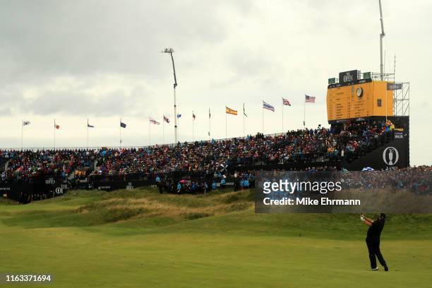 Shane Lowry of Ireland plays a shot on the 18th hole during the final round of the 148th Open Championship held on the Dunluce Links at Royal...