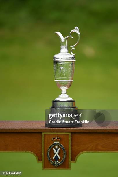 The Claret Jug is seen on the 18th green during the final round of the 148th Open Championship held on the Dunluce Links at Royal Portrush Golf Club...