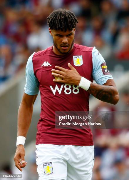 Tyrone Mings of Aston Villa reacts during the Pre-Season Friendly match between Shrewsbury Town and Aston Villa at Montgomery Waters Meadow on July...