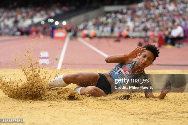 Malaika Mihambo of Germany on her way to victory in the Women's Long Jump during Day Two of the Muller Anniversary Games IAAF Diamond League event at...