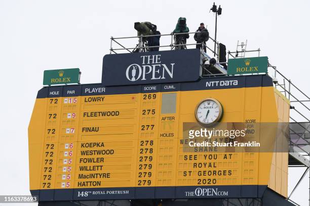 The scoreboard on the 18th green is seen congratulating Open Champion Shane Lowry of Ireland during the final round of the 148th Open Championship...