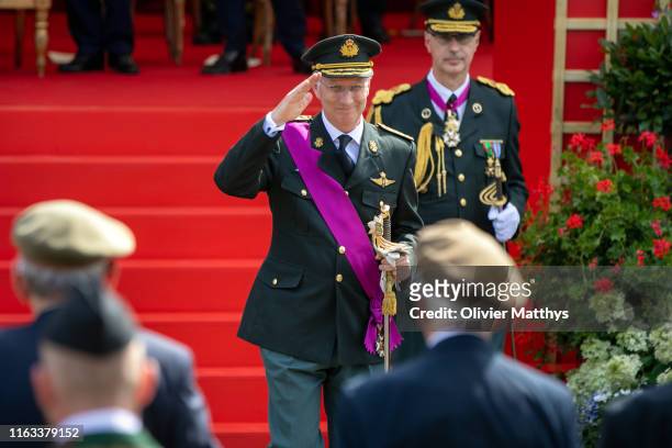 King Philippe of Belgium meets with D-Day veterans attending the military parade during the National Day of Belgium 2019 on July 21, 2019 in...