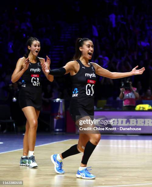 Ameliaranne Ekenasio and Maria Folau of New Zealand celebrate after winning the Final of The Vitality Netball World Cup between New Zealand and...