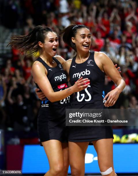 Ameliaranne Ekenasio and Maria Folau of New Zealand celebrate after winning the Final of The Vitality Netball World Cup between New Zealand and...