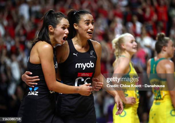 Ameliaranne Ekenasio and Maria Folau of New Zealand celebrate after winning the Final of The Vitality Netball World Cup between New Zealand and...