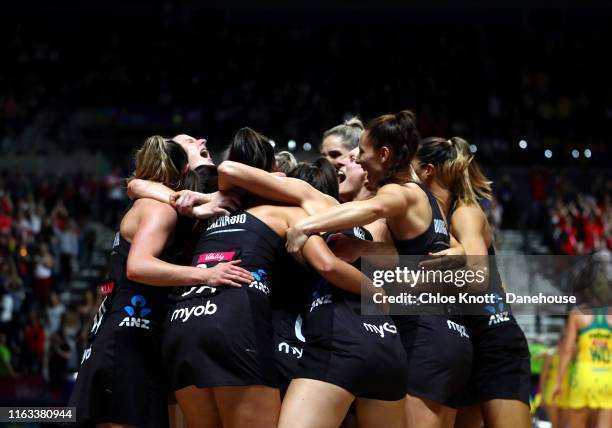 The New Zealand team celebrate together after winning The Final of The Vitality Netball World Cup between New Zealand and Australia at M&S Bank Arena...