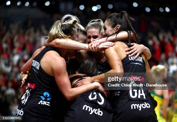 The New Zealand team celebrate together after winning The Final of The Vitality Netball World Cup between New Zealand and Australia at M&S Bank Arena...