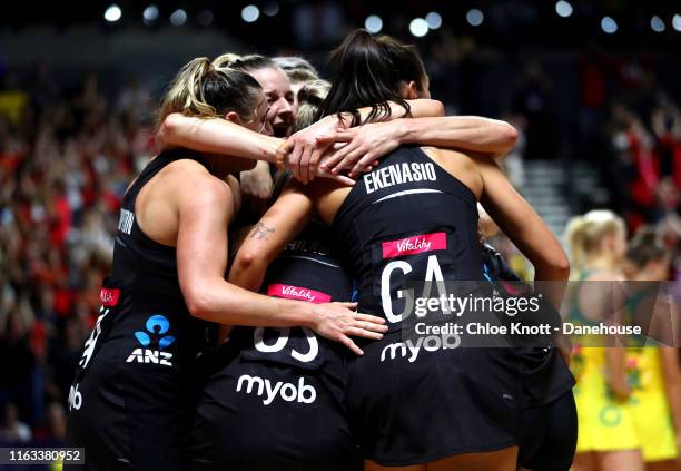 The New Zealand team celebrate together after winning The Final of The Vitality Netball World Cup between New Zealand and Australia at M&S Bank Arena...