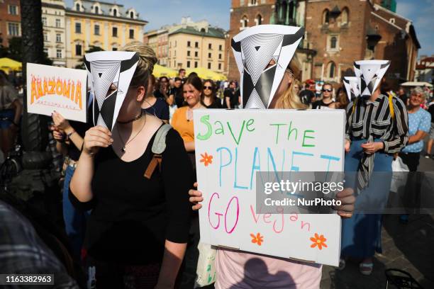 People attend 'SOS Amazonia!' protest organized by the Youth Climate Strike at the Main Square in Krakow, Poland on 23 August, 2019. Activists demand...