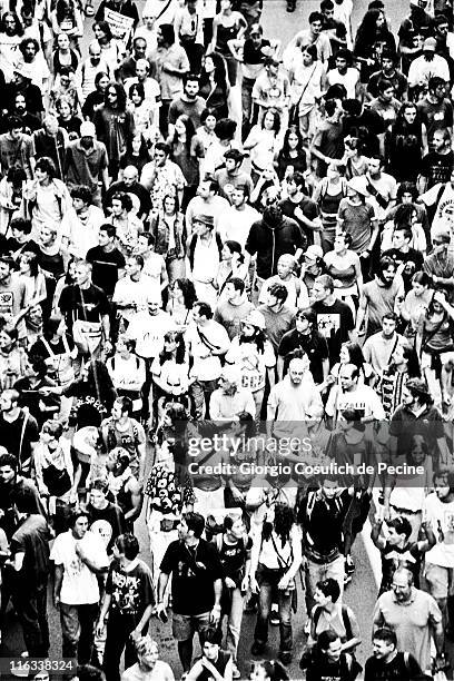 Activists of the anti-globalization movement gather in the street to protest against the 27th G8 Summit In Genoa, on July 21, 2001 in Genoa, Italy....